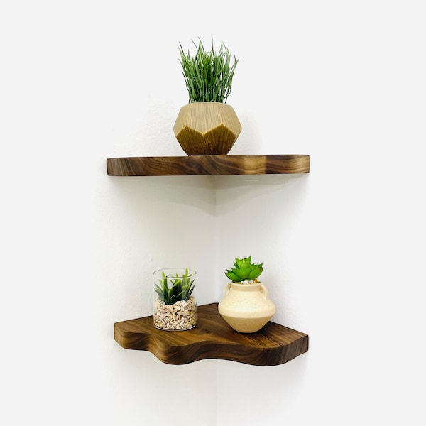 Set of 2 floating Curvy corner shelves | Walnut Bathroom Furniture