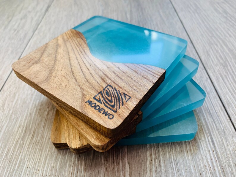 Wooden resin coasters Epoxy resin art Clear blue Etsy