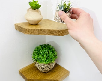 Set of 2 Oak floating corner shelves | Oak Bathroom Furniture