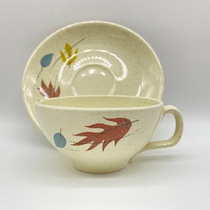 Vintage Franciscan “Autumn” cup and saucer set, mid century, fall leaves, speckled, 1955-1966, tea cup, coffee cup