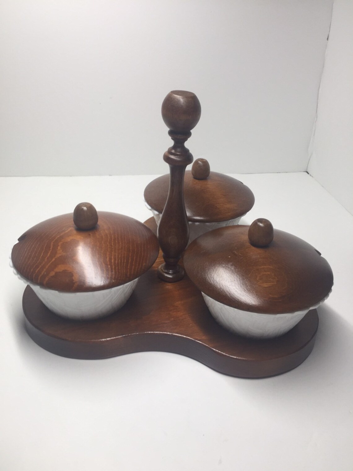 Cornwall Wood Products triple condiment server jam jars on Etsy