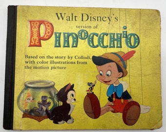 Walt Disney’s Pinocchio hardcover children’s book, copyright 1939, color and black/white, Monstro, Jiminy Cricket, Geppetto, Blue Fairy