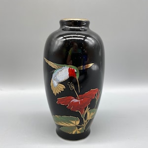 Vintage Otagiri, Gibson Grußkarten Zusammenarbeit Knospe Vase, schwarz mit Kolibri und Hibiskus, Goldrand