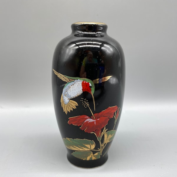 Vintage Otagiri, Gibson Greeting Cards collaboration bud vase, black  with hummingbird and hibiscus, gold rim