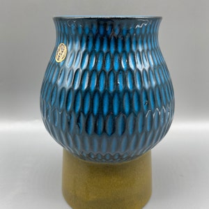 Sweden Upsala Ekeby ceramic vase, Sven Eric Skawonius, blue, tan, mcm
