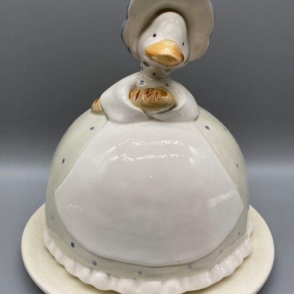 Vintage Fitz & Floyd 1984 Betty Quacker bonnet duck or goose dome covered plate, cheese  or butter plate, hand painted, made in Japan, FLAW