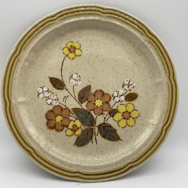 Vintage Crown Manor stoneware “Flower Garden” pattern bread & butter plates, PAIR, speckled, tan, brown rim, autumn colors, 1970’s