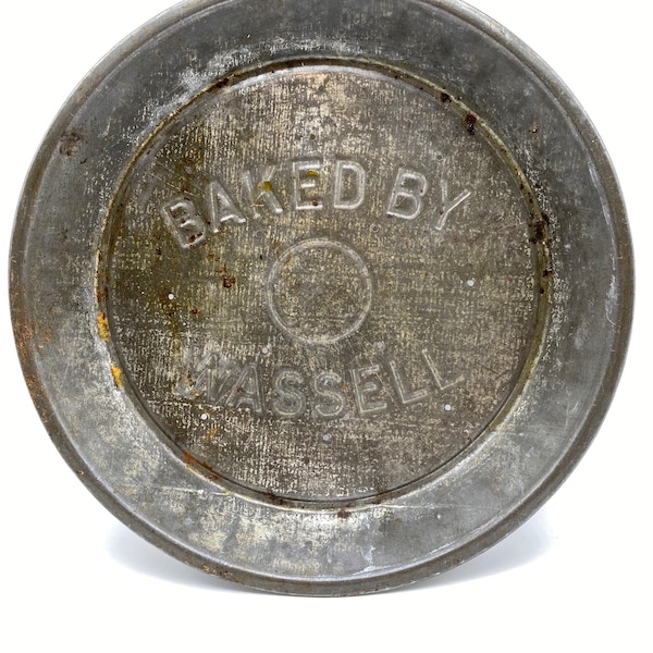 Vintage  “BAKED BY WASSELL” advertising metal pie plate, vented, reuseable, Philadelphia bakery