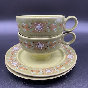 Vintage Taylor Smith and Taylor Granada Casa Verde Ironstone tea cups and saucers lot, avocado green, mid century design, 2 sets