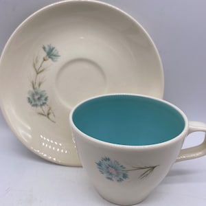 Vintage Taylor, Smith & Taylor Ever Yours (Blue Boutonniere), “P” handle tea cups and saucers, lot of 2 (two), mid century, blue floral