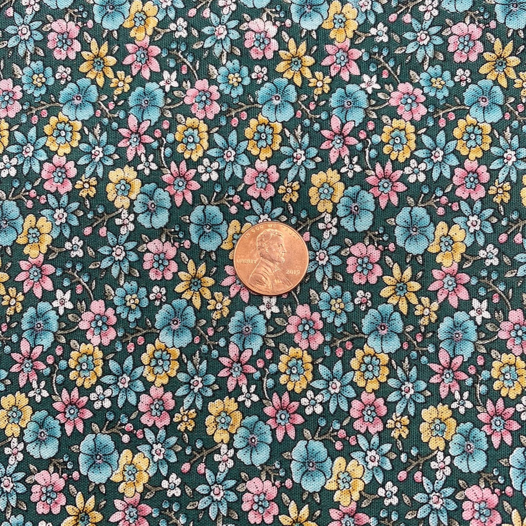 Vintage Quilting Fabric, Deep Teal Background, Pink, Gold, V.I.P. by
