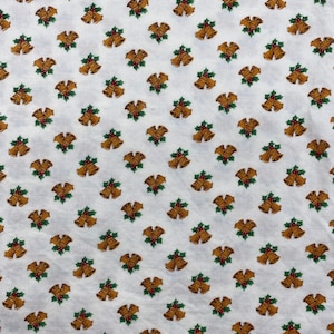Vintage Cranston Print Works golden Christmas bells with holly and berries  fabric, preshrunk, holiday, 42” x 48”