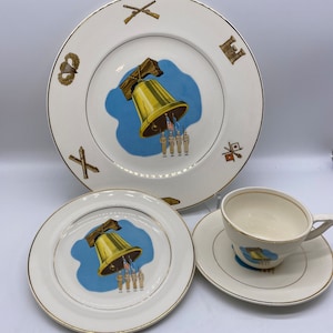Vintage American Ceramics Industry military dinnerware four piece place setting, Army, Air Force, Marines, Navy, Liberty Bell, Veterans (A)