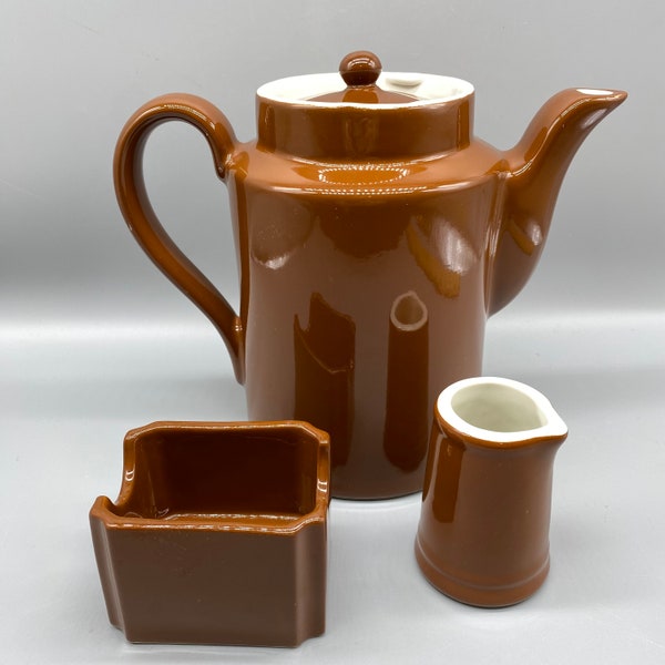 Vintage Hall China, solid brown coffee service set, coffee, pot, packet caddy, creamer, 3 pc set