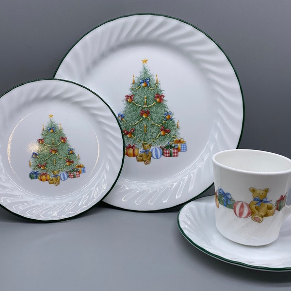 Vintage Corelle Holiday Magic coffee or tea cup and saucer sets, lot of two (2), Christmas pattern, multiples available.