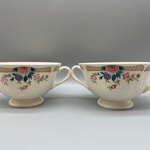 Vintage Wedgwood Trellis Flowers handled cream soup bowls, pair, 1985-1990