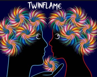 May include: Illustration of two silhouetted faces facing each other, with colorful spiral patterns emanating from their heads. The word "TWINFLAME" is written above. The background is a dark blue.