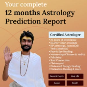 May include: A man wearing a white robe and a turban with a light brown background. The text reads "Your complete 12 months Astrology Prediction Report" and "Certified Astrologer". Below the text are bullet points listing the astrologer's services, including "26 Years of Experience", "50,000+ chart readings", "KP Astrology, Jaimini(All Vedic Methods)", "Face & Eye Reading", "Numerology(Chinese & Vedic)", "Palmistry", "Soul Connection", "Clairvoyant", "Distanced Energy Healing", and "Divination Healing & more.". Below the bullet points are four buttons labeled "General Events", "Love Life", "Career", and "Health".