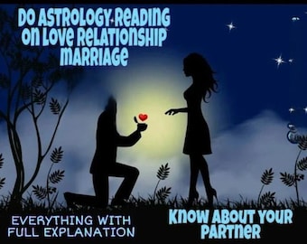 Peut inclure: Une silhouette de couple sous un ciel étoilé de nuit. L'homme est agenouillé et tient un cœur rouge, tandis que la femme est debout et regarde ailleurs. Le texte "DO ASTROLOGY-READING ON LOVE RELATIONSHIP MARRIAGE" est en haut de l'image, et les textes "EVERYTHING WITH FULL EXPLANATION" et "KNOW ABOUT YOUR PARTNER" sont en bas.