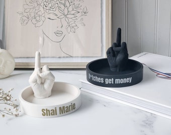 Personalized Name Jewelry Tray Custom Name Middle Finger Ring Holder F*ck You Off Hand Sculpture Funny Gift