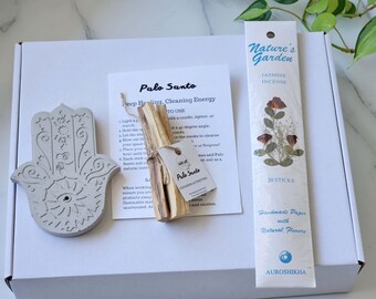 Good Luck Incense and Palo Santo Gift Set-Hamsa Hand Incense Holder-Cement Fatima Ceremony Hand Palo Santo Tray