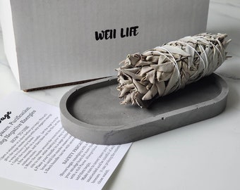 Happy Home Sage and Concrete Oval Tray Gift Set-House Smoke Cleansing Gift Box-Spiritual Cleansing and Renewal