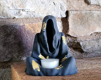 Jesmonite Ghost Candle Holder with Gold Leaf-Halloween Ghost Decorations for Fall-Spooky Ghost Candlestick Holder-Gothic Home Decor