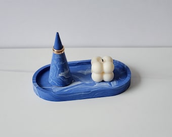 Blue Marble Oval Tray with Ring Holder Cone-Jewelry Display Tray Ring Keeper-Jewelry Organization set-Engagement Gift