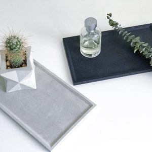 May include: Two rectangular concrete trays, one grey and one black, with a small cactus plant in a geometric concrete pot on the grey tray. A clear glass bottle with a silver cap is on the black tray.