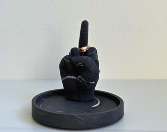 Funny Middle Finger Ring Stand, Black Marble Jewelry Dish, Jesmonite Desk Decor, Gag Gift for Friend or Coworker