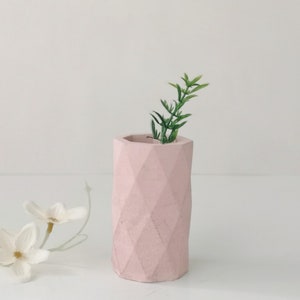 May include: A light pink, geometric-patterned vase with a small green plant inside. The vase has a cylindrical shape and a textured surface. The background is white, and there are white flowers in the foreground.
