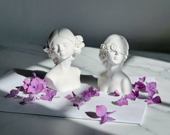 Concrete Blindfold Flower Girl Statue-White Cement Floral Girl Figurine-Aesthetic Wedding Goddess Sculpture-Female Torso Figure Decor