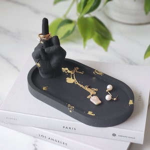 Middle Finger Ring Holder with Oval Tray-Black Hand Figurine Statue with Gold Leaf-Glamour Coaster Desk Decor