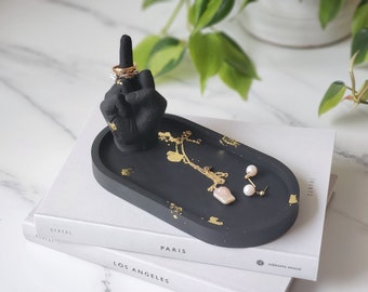 Middle Finger Ring Holder with Oval Tray-Black Hand Figurine Statue with Gold Leaf-Glamour Coaster Desk Decor