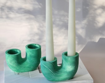 Green Marble U-shaped Taper Candles Holder-Green Double Taper Candle Holder-Jesmonite Minimalist Candle Holder