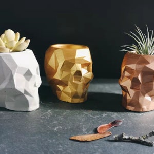 May include: Three geometric skull-shaped planters in white, gold, and copper. The planters are made of concrete and have a textured, faceted design. The white planter has a small succulent plant growing in it, while the gold and copper planters are empty.