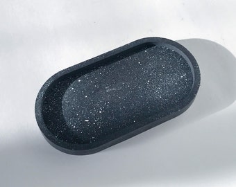 Night Sky Speckle Black Oval Tray-Black Stone Style Oval Decorative Tray-Jewelry Display Dish-Candle Holder