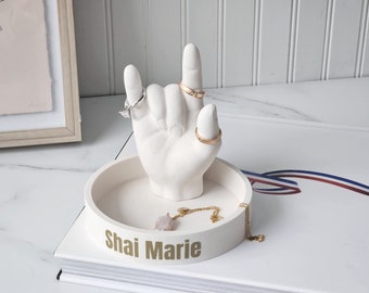 I Love You Hand Ring Holder with Personalized Name ASL Statue Gesture I love You Jesmonite Jewelry Tray