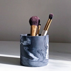 Handmade Cylinder Black White Marble Pot-Round Makeup Brush Holder-Kitchen Utensil Storage Pot-Indoor Planter
