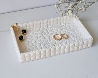 White Decorative Rectangle Tray for Dresser Trinket Tray Jesmonite Crystal Design Catchall Tray-Bathroom Decor-Desk Organizer