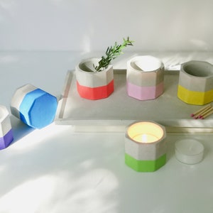 Concrete Octagon Planter-Cement Tealight Candle Holder-Concrete Small Pot Painted with Pastel Band Design