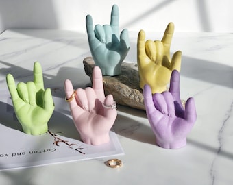 Pastel Color I Love You Hand Ring Holder Jewelry Display Tray-I Love You Hand In Sign Language-Rock On Hand Symbol-Rock Roll Sculpture