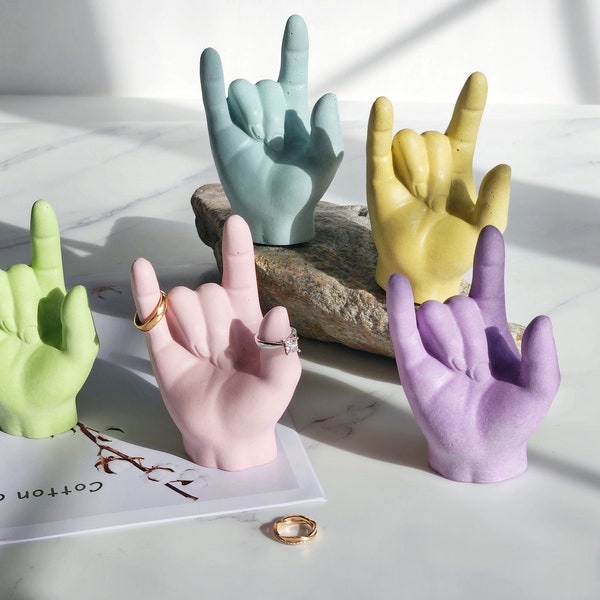 Pastel Color I Love You Hand Ring Holder Jewelry Display Tray-I Love You Hand In Sign Language-Rock On Hand Symbol-Rock Roll Sculpture