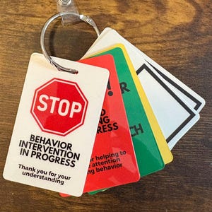 Puede incluir: Un conjunto de llaveros coloridos con texto. El llavero principal es blanco con una se&ntilde;al de stop roja y las palabras "Behavior Intervention in Progress". Otros llaveros son rojos, verdes y amarillos, con texto adicional. Un anillo plateado sujeta los llaveros.