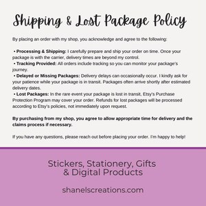 Puede incluir: Un gr&aacute;fico de texto rosa y blanco con el t&iacute;tulo "Shipping & Lost Package Policy". El texto describe las pol&iacute;ticas de env&iacute;o y paquetes perdidos de la tienda. El texto tambi&eacute;n incluye la direcci&oacute;n del sitio web de la tienda "shanelscreations.com".