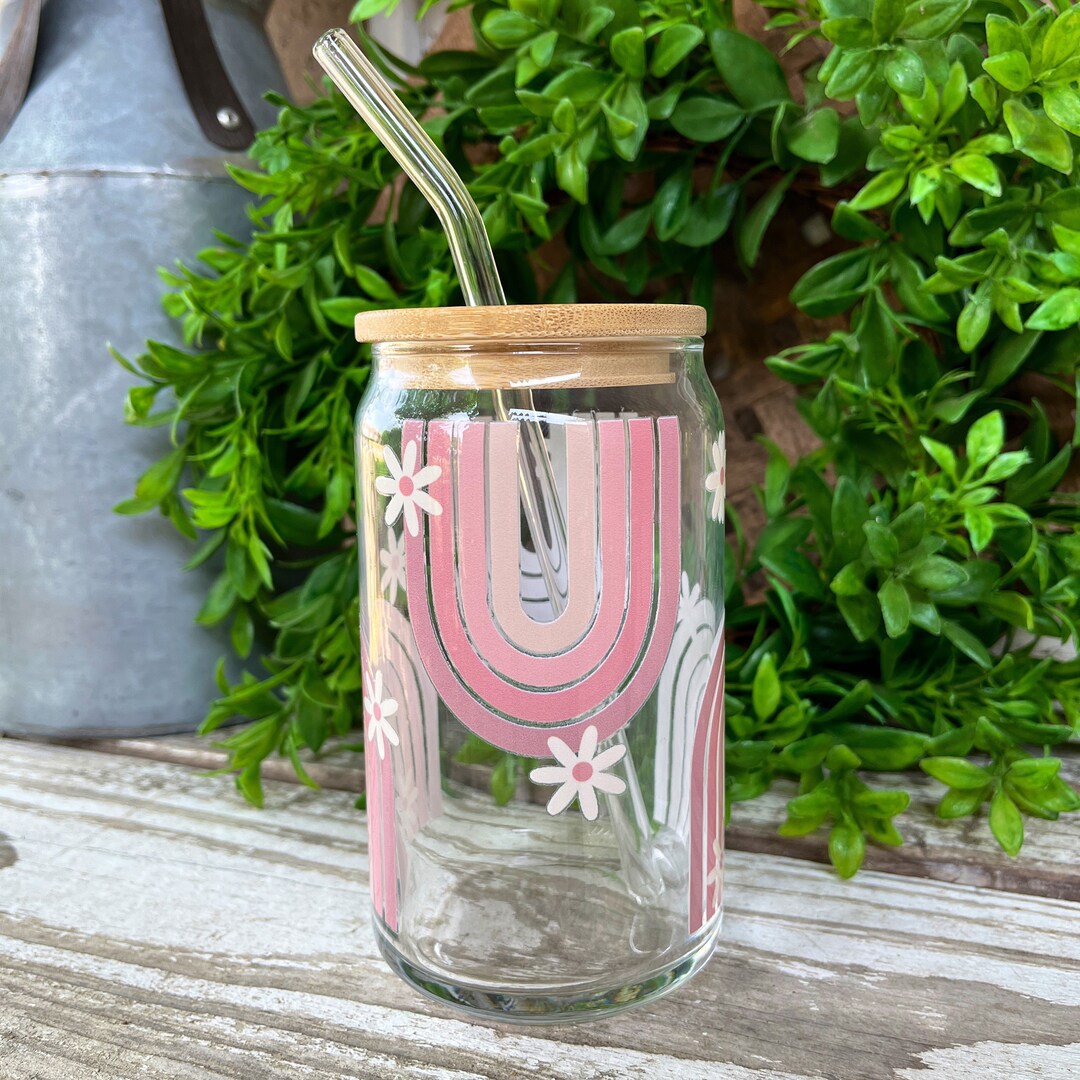 Boho Rainbow Coffee Cup, Rainbow Glass Tumbler, Ice Coffee Cup for Her
