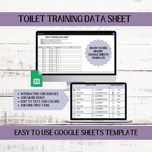 May include: A Google Sheets template for tracking toilet training progress. The template includes checkboxes for "void", "accident", and "accident/void", as well as a column for "independent". The template is easy to use and can be customised with text and colours.