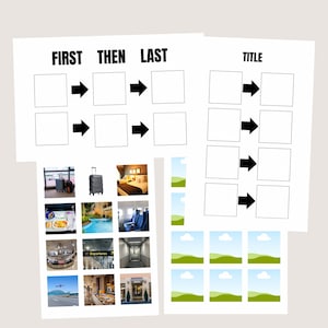 May include: A printable worksheet for planning a trip. The worksheet has three columns labeled "First", "Then", and "Last". There are six rows of boxes with arrows to indicate the order of events. The worksheet also has a section labeled "Title" with six rows of boxes for writing down the title of the trip.