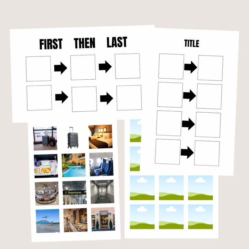 May include: A printable worksheet for planning a trip. The worksheet has three columns labeled "First", "Then", and "Last". There are six rows of boxes with arrows to indicate the order of events. The worksheet also has a section labeled "Title" with six rows of boxes for writing down the title of the trip.