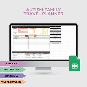 Gezinsreisplanner voor speciale behoeften, checklist autisme, Google Spreadsheets-organisator, canvassjabloon visuele ondersteuning, reiskaarten autisme
